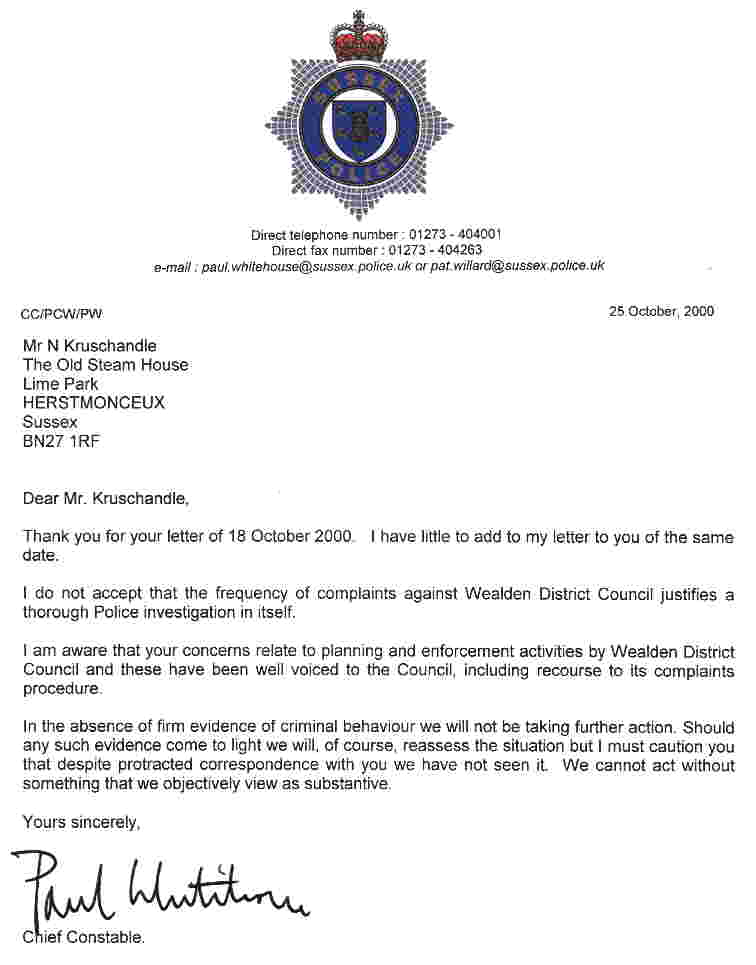Letter from chief constable Paul Whitehouse to Nelson Kruschandl
