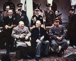 The "Big Three": Winston Churchill (left), Franklin D. Roosevelt (middle) and Joseph Stalin (right), during the Yalta Conference in 1945