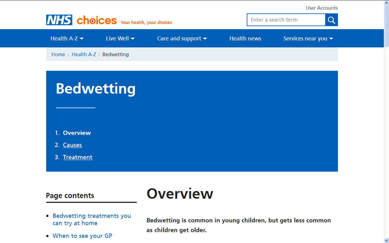 NHS bedwetting choices and advice