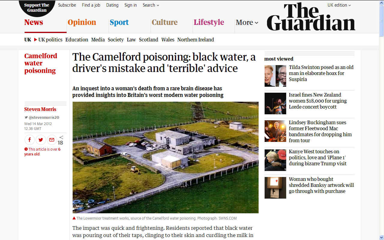 Camelford, Somerset County Council water poisoning 2012, The Guardian