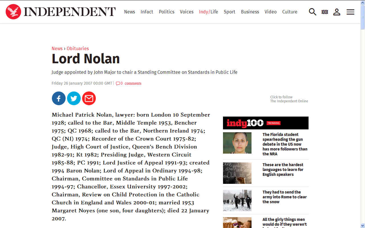 Lord Nolan obituary Independent 26 January 2007