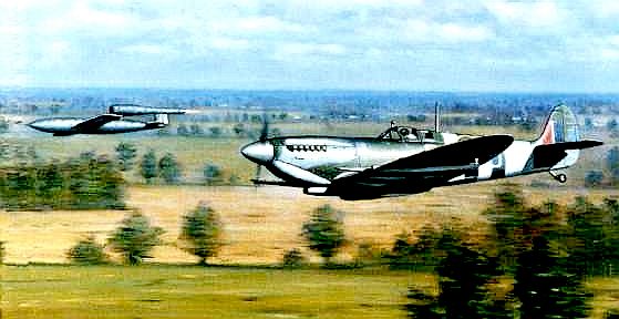 A Spitfire fighter plane chasing a V1 flying bomb