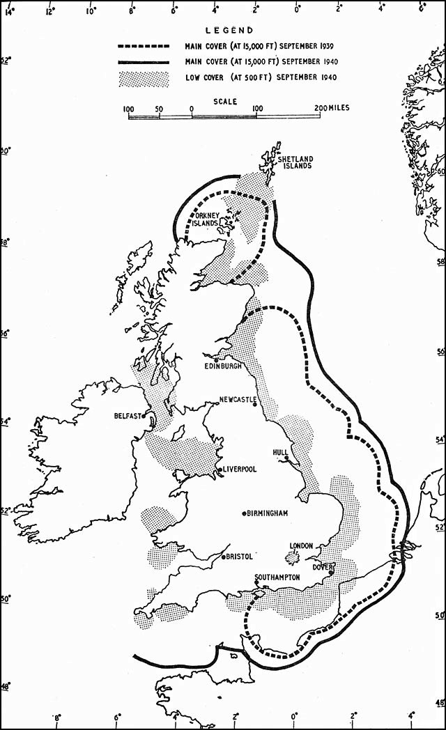 Map of the United Kingdom showing GCI early warning radar stations