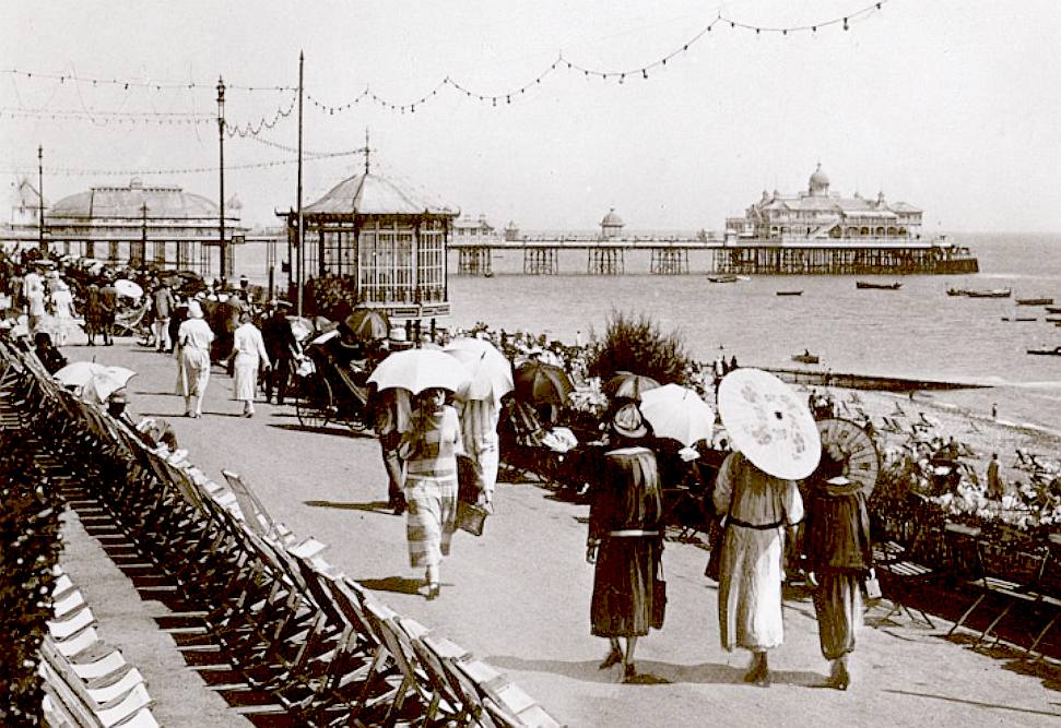Eastbourne pier in the 1930s, deck chairs, promenade