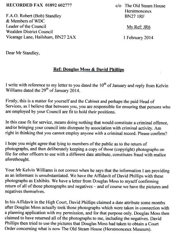 Letter to Councillor Robert Standley, reference fraud by David Phillips and Douglas Moss