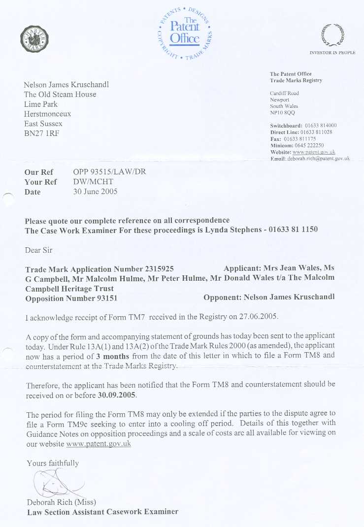 Letter from the Patent Office to Nelson Kruschandl confirming receipt of form TM7